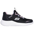 A black sneaker with a white sole features pink and blue laces. It is designed for easy slip-on use and is branded with the Skechers logo on the side.
