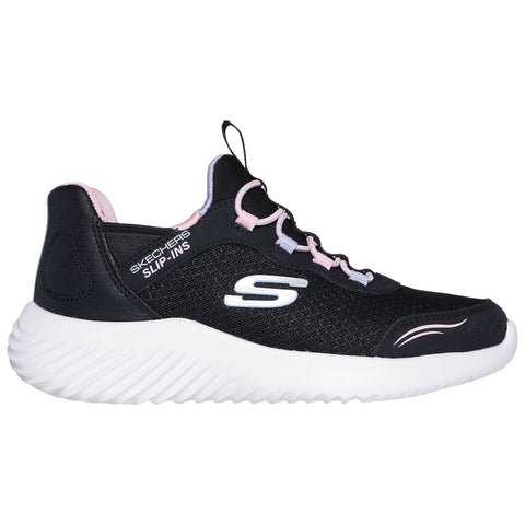A black sneaker with a white sole features pink and blue laces. It is designed for easy slip-on use and is branded with the Skechers logo on the side.