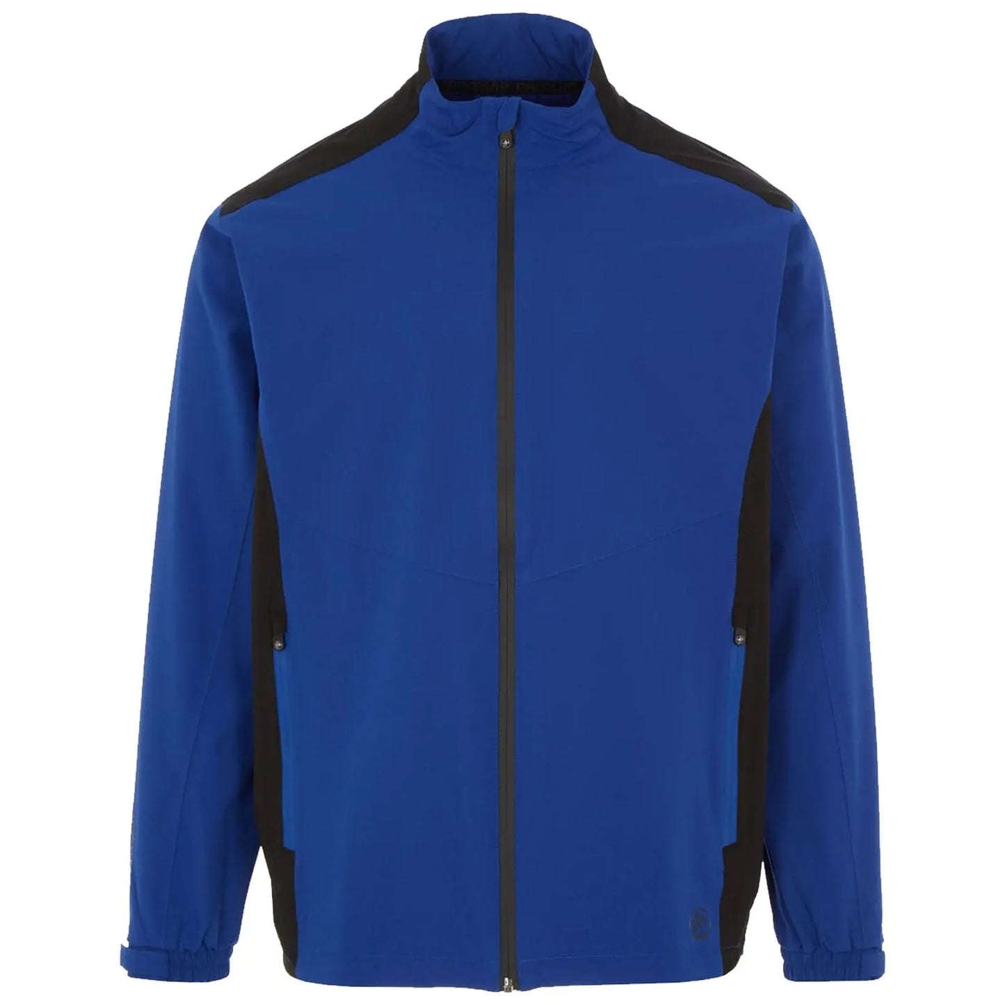 A blue jacket with black accents features a high collar and a front zipper The sleeves have elastic cuffs and it is designed for outdoor activities or casual wear