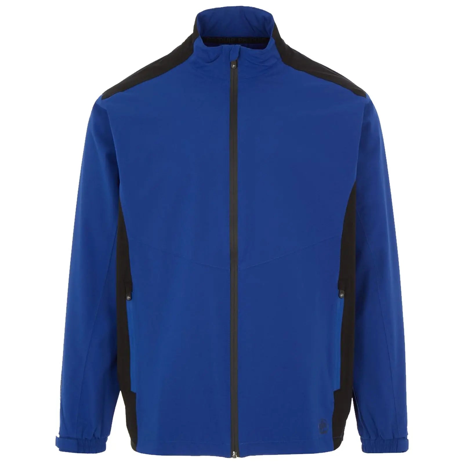 A blue jacket with black accents features a high collar and a front zipper The sleeves have elastic cuffs and it is designed for outdoor activities or casual wear