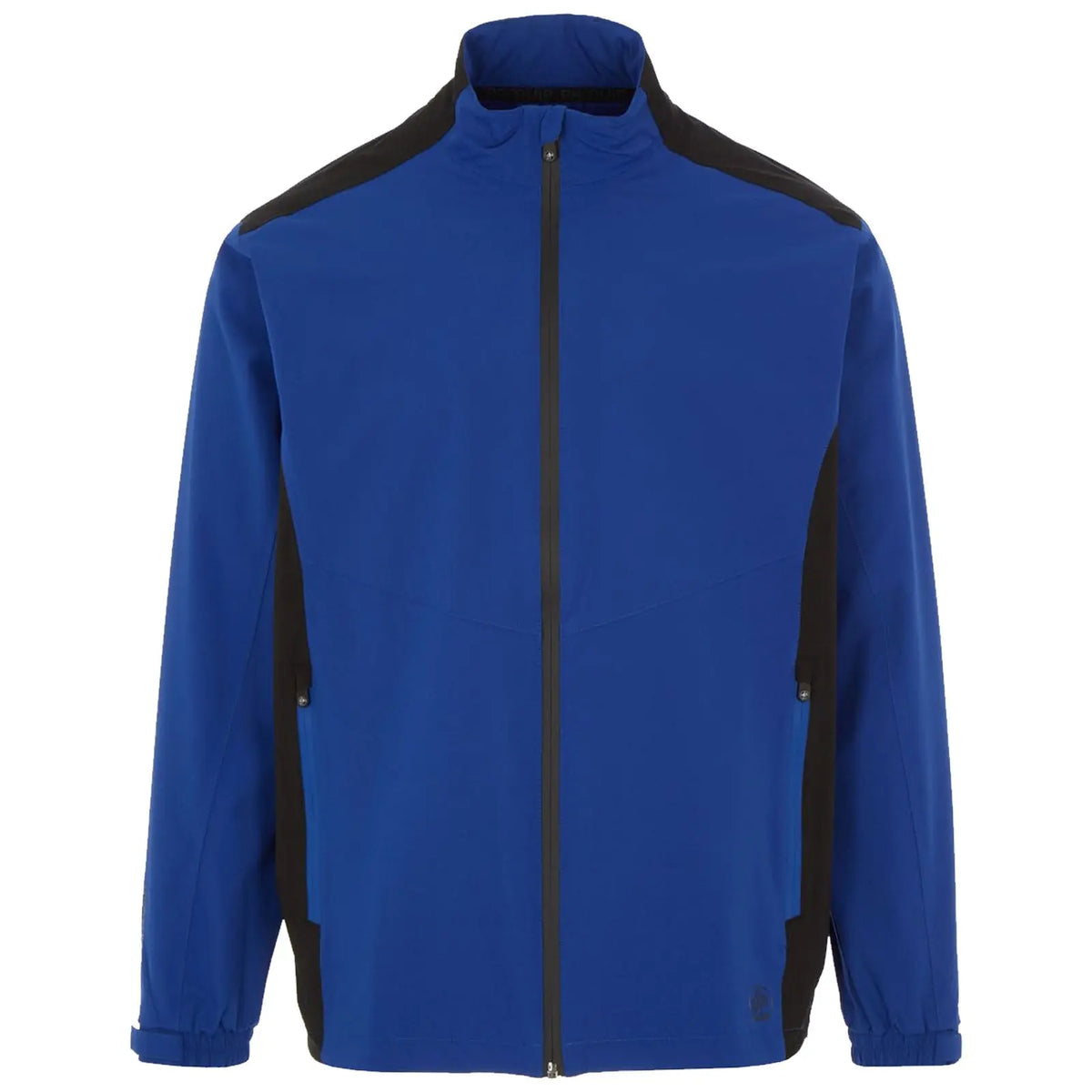 A blue jacket with black accents features a high collar and a front zipper The sleeves have elastic cuffs and it is designed for outdoor activities or casual wear
