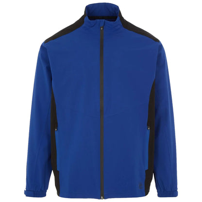 A blue jacket with black accents features a high collar and a front zipper The sleeves have elastic cuffs and it is designed for outdoor activities or casual wear