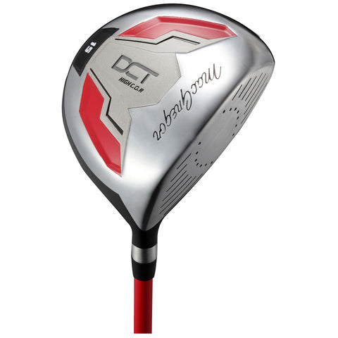 A golf driver with a shiny metallic head and a red shaft is angled slightly to showcase its design features including a smooth face and branding details.
