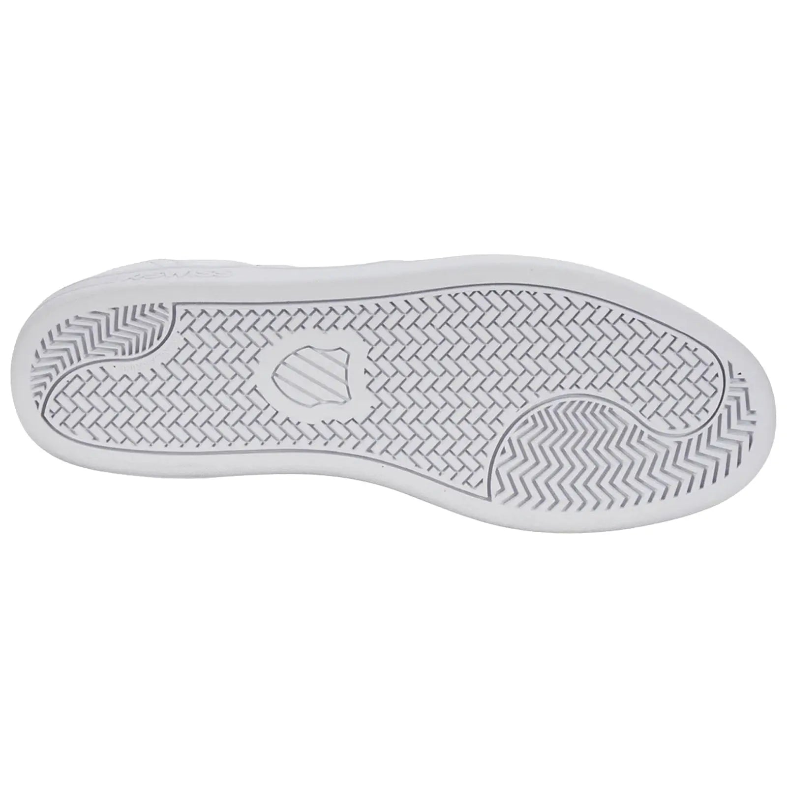 A white shoe sole with a textured pattern is displayed facing down on a neutral background emphasizing its design and grip features without any surrounding context or visible elements.