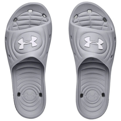 Gray slide sandals are displayed side by side featuring a logo on the top and designed with a textured surface for comfort and grip suitable for casual wear or poolside activities.