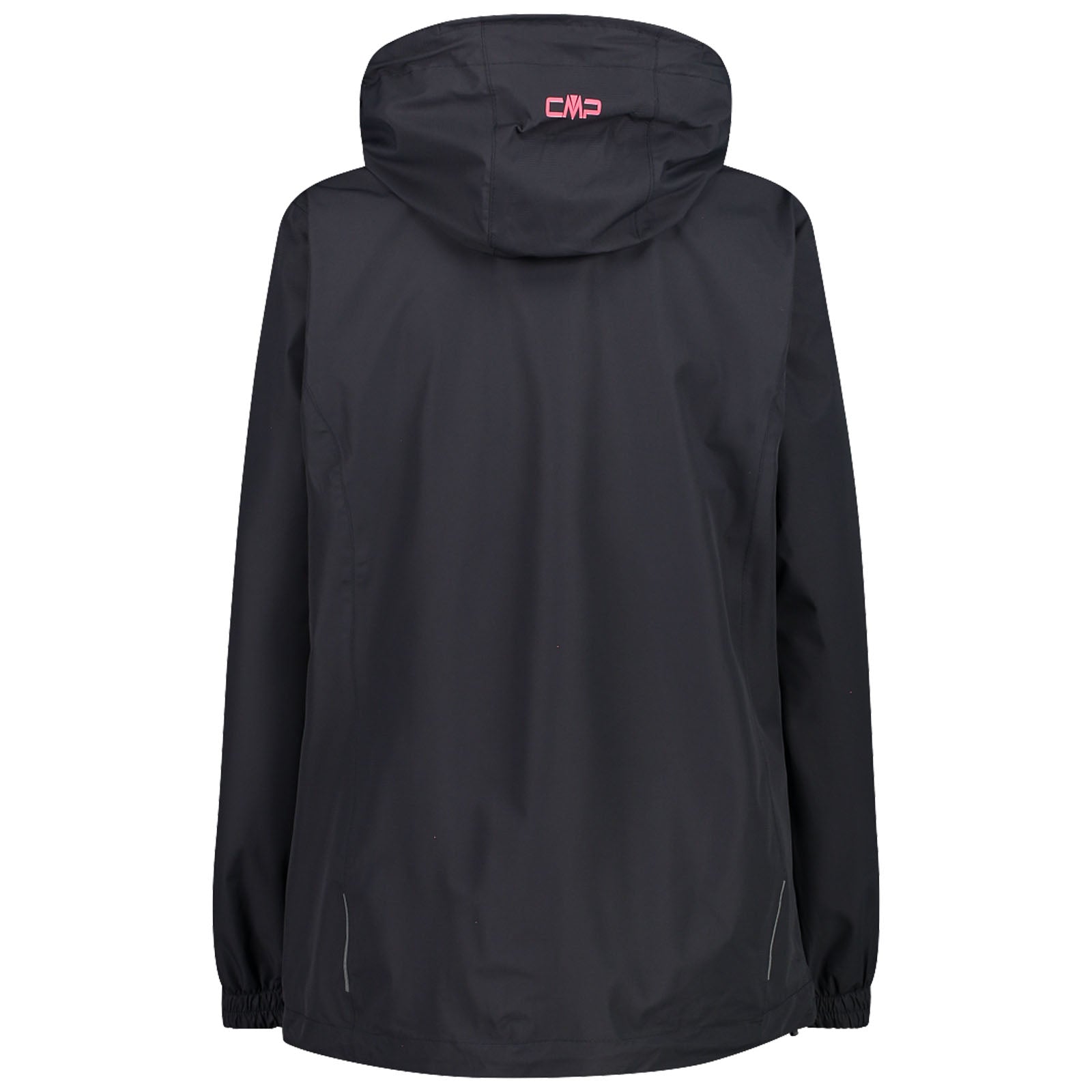 A black jacket with a hood hangs vertically displaying a simple design featuring gathering at the sleeves and a logo on the back indicating its brand.