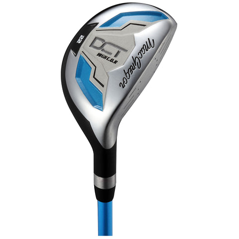 A golf club with a silver and blue head showcases its angled face and sleek design designed for hitting golf balls effectively in a sport context on a golf course.