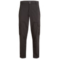 Cargo pants are displayed standing upright featuring a black color with multiple side pockets designed for utility in casual or outdoor settings.