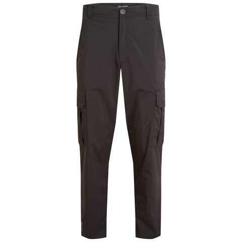 Cargo pants are displayed standing upright featuring a black color with multiple side pockets designed for utility in casual or outdoor settings.
