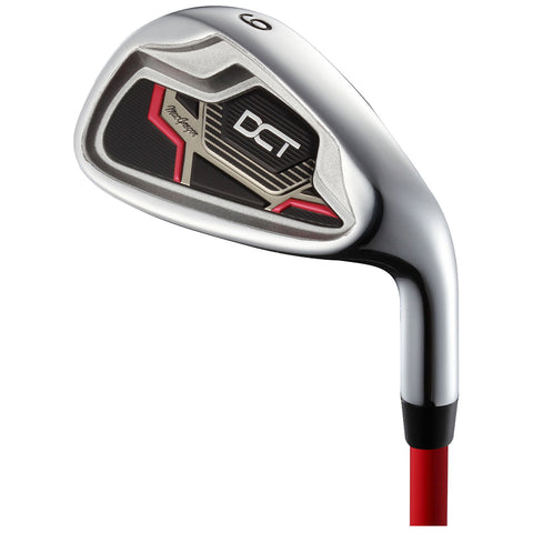 A golf club with a sleek silver head and red shaft rests horizontally showing its angled face designed for striking a ball in a sports setting.