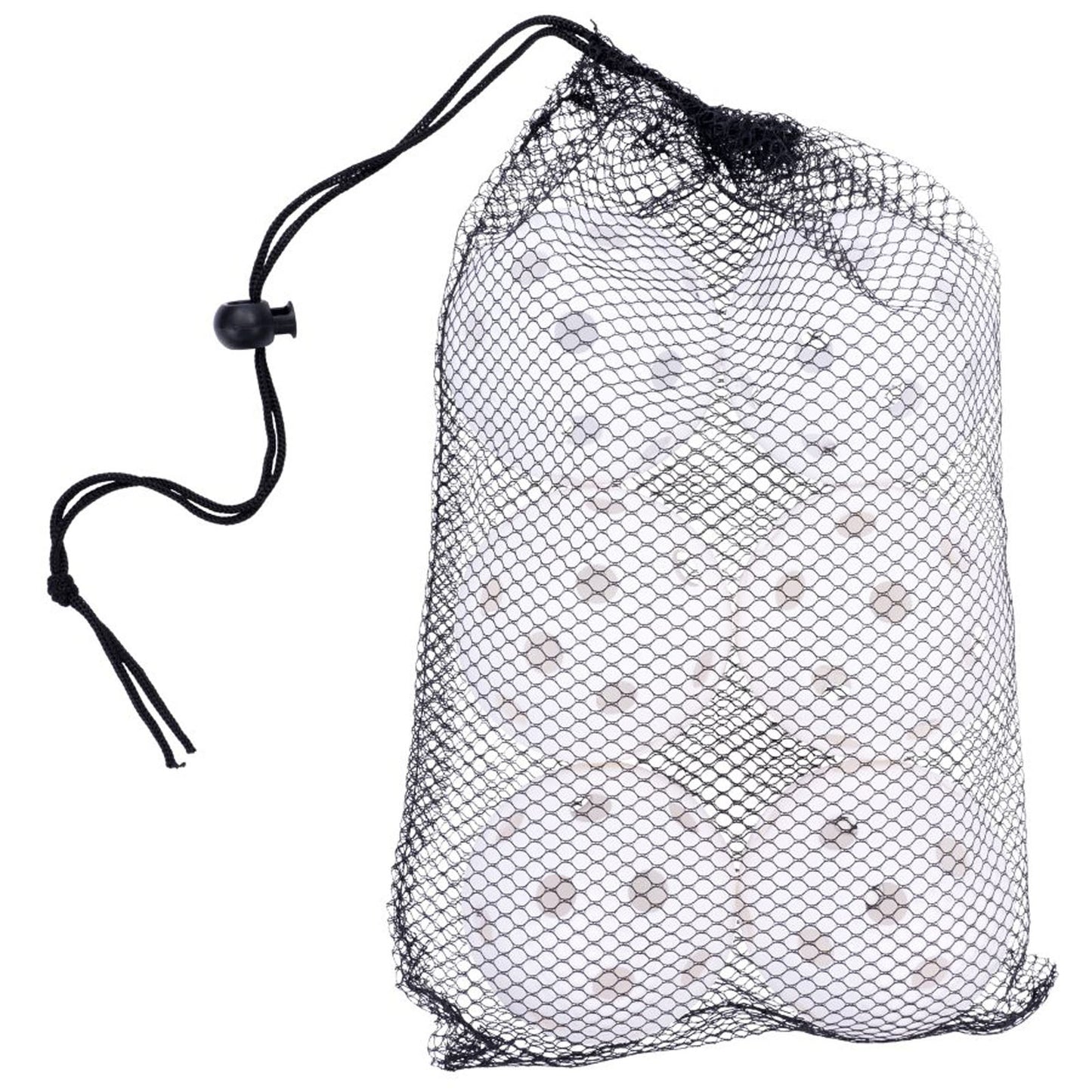 A black mesh bag contains several white balls with dark spots resting inside it hanging by a drawstring in a neutral background.