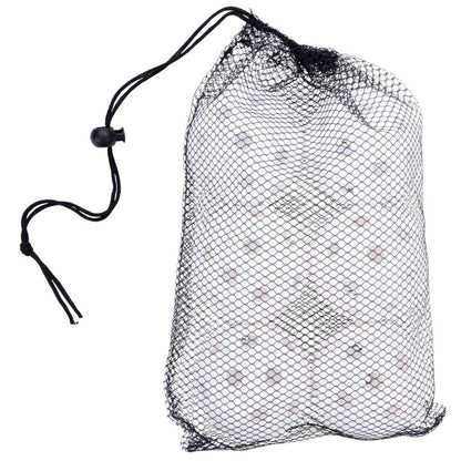 A black mesh bag contains several white balls with dark spots resting inside it hanging by a drawstring in a neutral background.