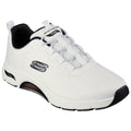 A white athletic shoe features a textured upper and elastic laces providing support and comfort with a black sole and brand logo on the side showcasing a sleek design suitable for active wear.