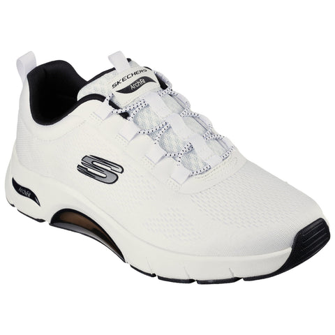 A white athletic shoe features a textured upper and elastic laces providing support and comfort with a black sole and brand logo on the side showcasing a sleek design suitable for active wear.