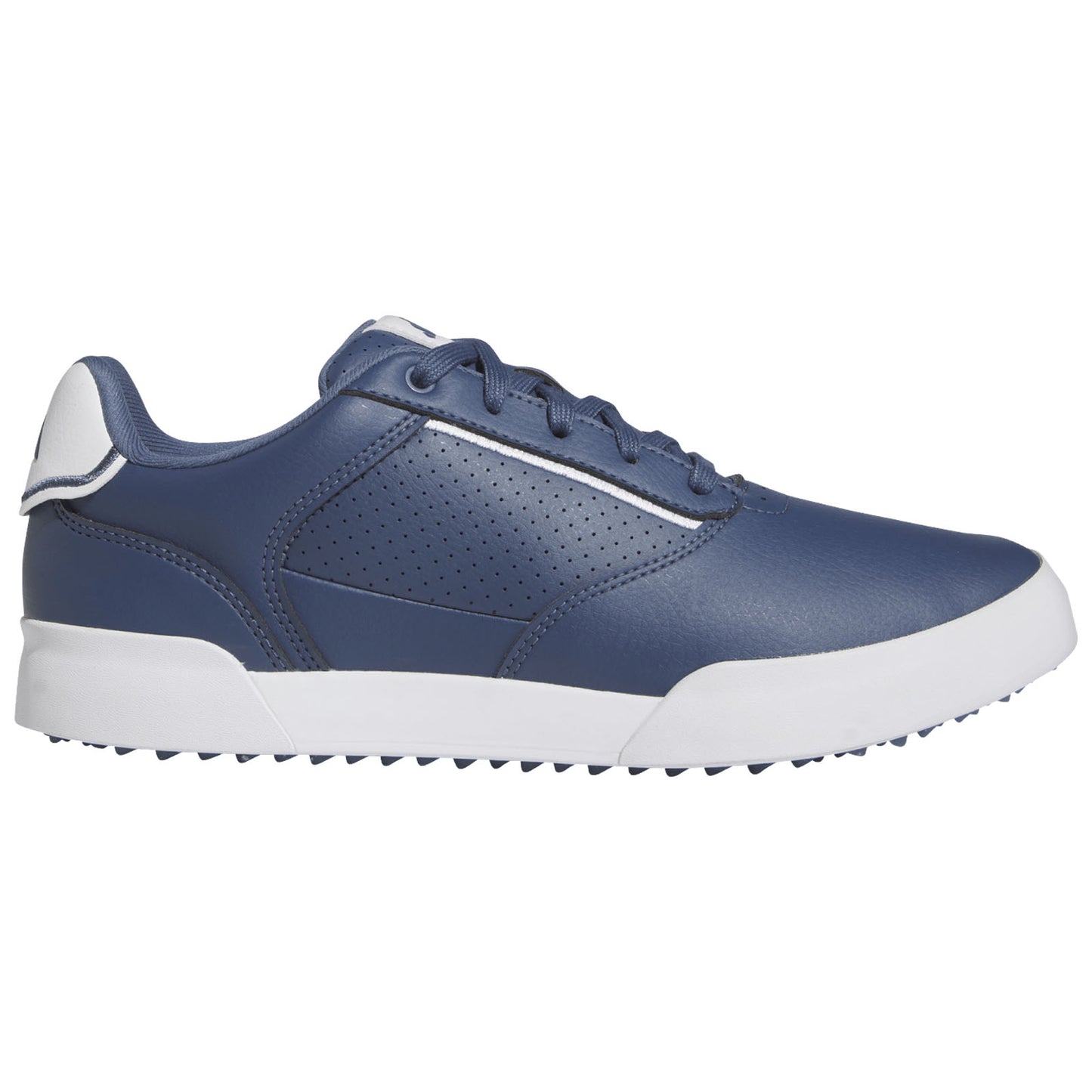 A navy blue athletic shoe is positioned on a white background showcasing its smooth material and perforated design featuring white accents and a textured sole suited for traction.