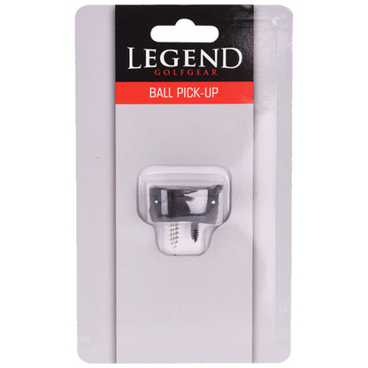 A golf ball pick-up tool is displayed on a card with a hole for hanging it. It features a plastic design for easily retrieving golf balls from the ground. The card is labeled "LEGEND GOLFGEAR BALL PICK-UP."