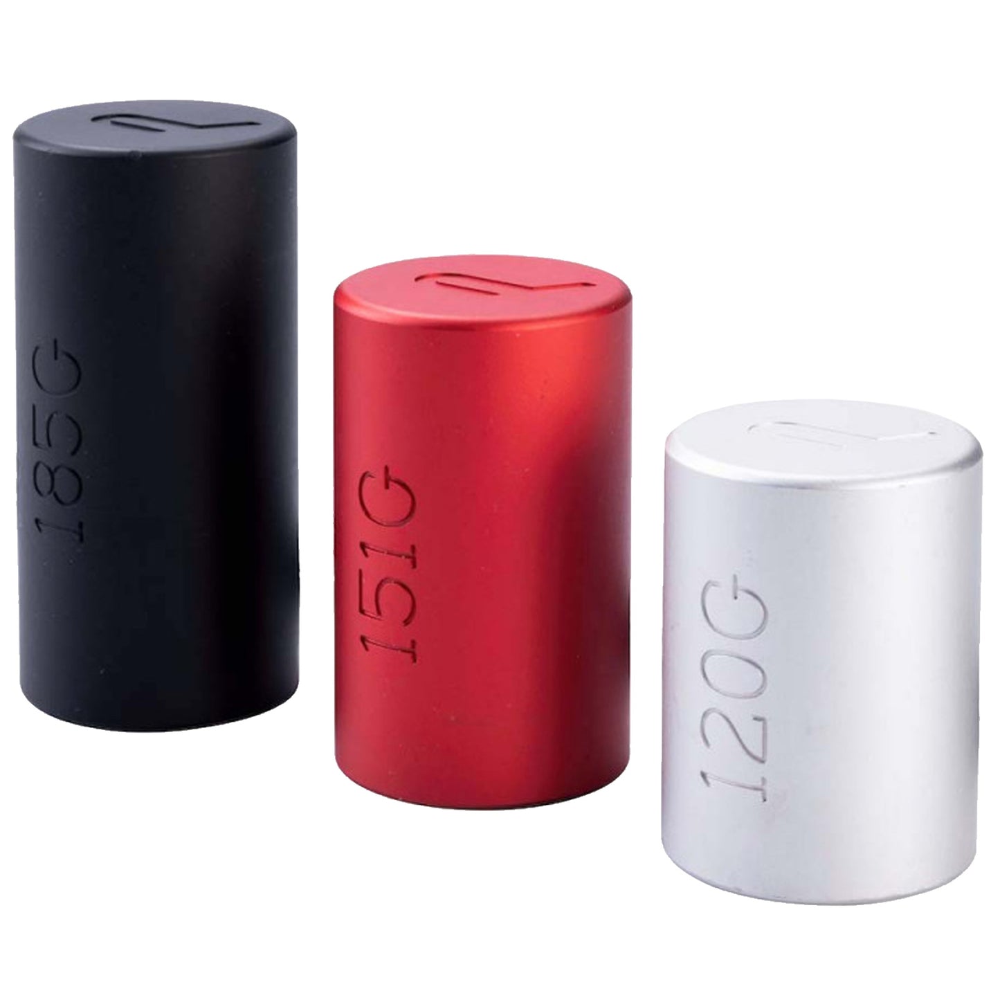 Three cylindrical weights in black red and silver stacked closely side by side indicating their weights of 185 grams 151 grams and 120 grams engraved on their surfaces
