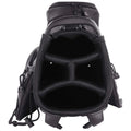 A black golfing bag is viewed from the top showing its empty interior the bag features mesh dividers for club organization and zippers at the back for storage access.