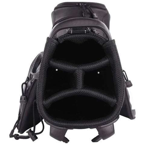 A black golfing bag is viewed from the top showing its empty interior the bag features mesh dividers for club organization and zippers at the back for storage access.