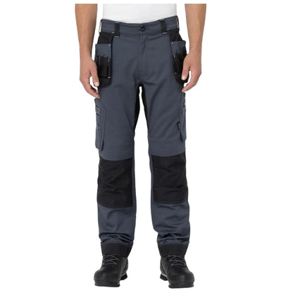 Gray work pants with multiple pockets are being worn by a person standing upright in a neutral position. The pants have reinforced black sections at the knees and are paired with black boots.