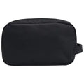 A rectangular black pouch sits against a plain background the pouch appears to be made of fabric and has a small handle on one side suggesting it is used for carrying items like toiletries or cosmetics