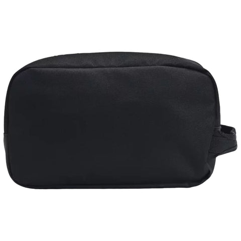 A rectangular black pouch sits against a plain background the pouch appears to be made of fabric and has a small handle on one side suggesting it is used for carrying items like toiletries or cosmetics