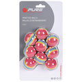 Nine colorful practice balls are packaged tightly together with red and rainbow-striped designs showcasing their intended use for golf training in an organized and protective plastic mold.
