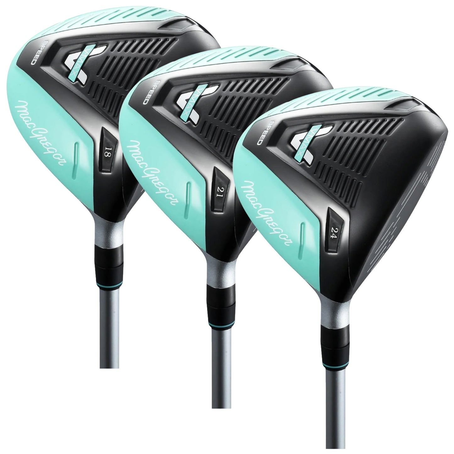 Three golf clubs with distinct angled heads are positioned side by side. The clubs have a black and mint green design with markings indicating their lofts of 18 21 and 24 degrees.