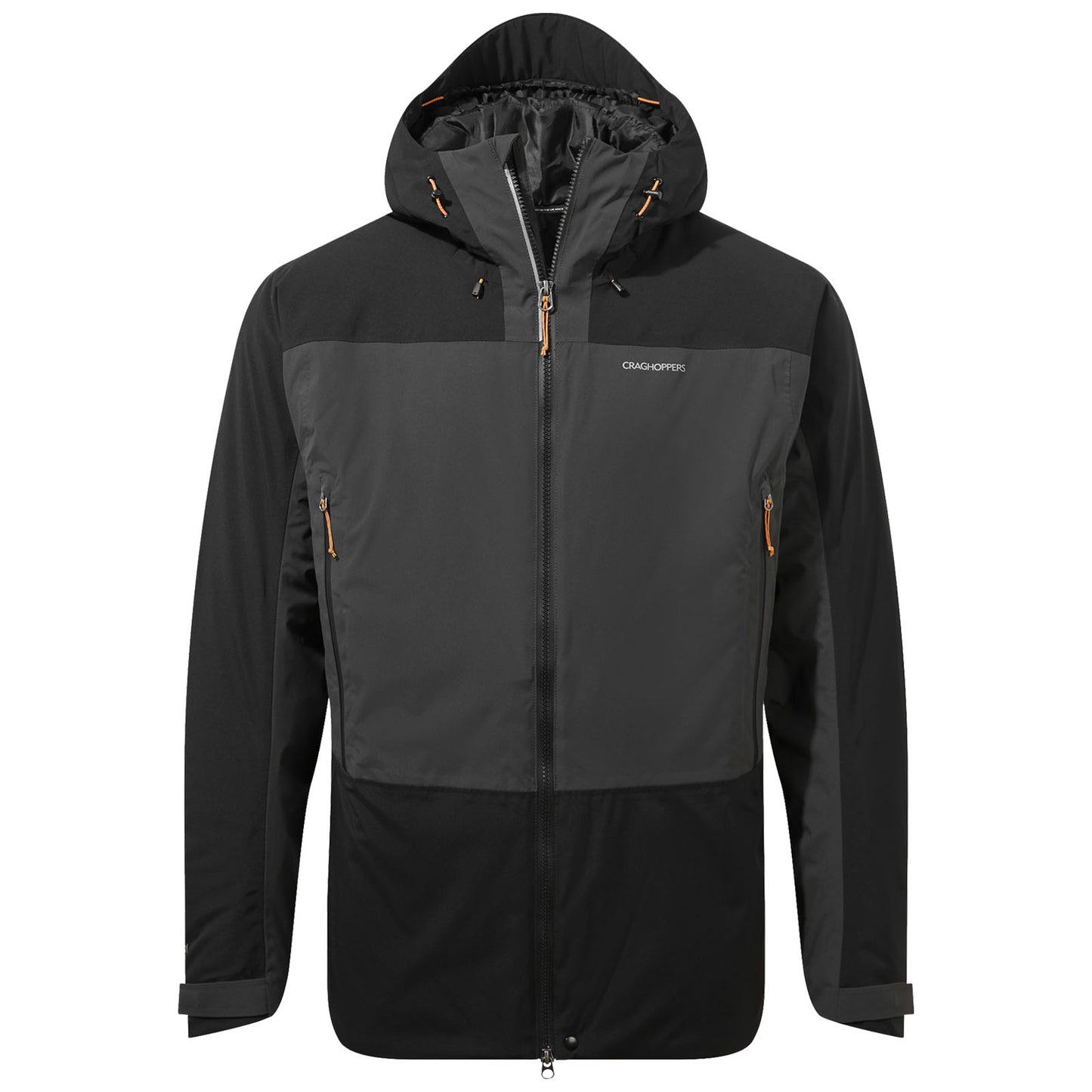 A black and gray hiking jacket with a hood is displayed facing forward featuring zippered pockets and drawstrings with a logo on the upper side designed for outdoor activities.