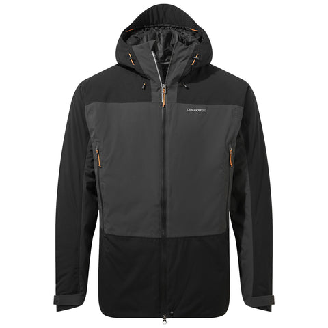A black and gray hiking jacket with a hood is displayed facing forward featuring zippered pockets and drawstrings with a logo on the upper side designed for outdoor activities.