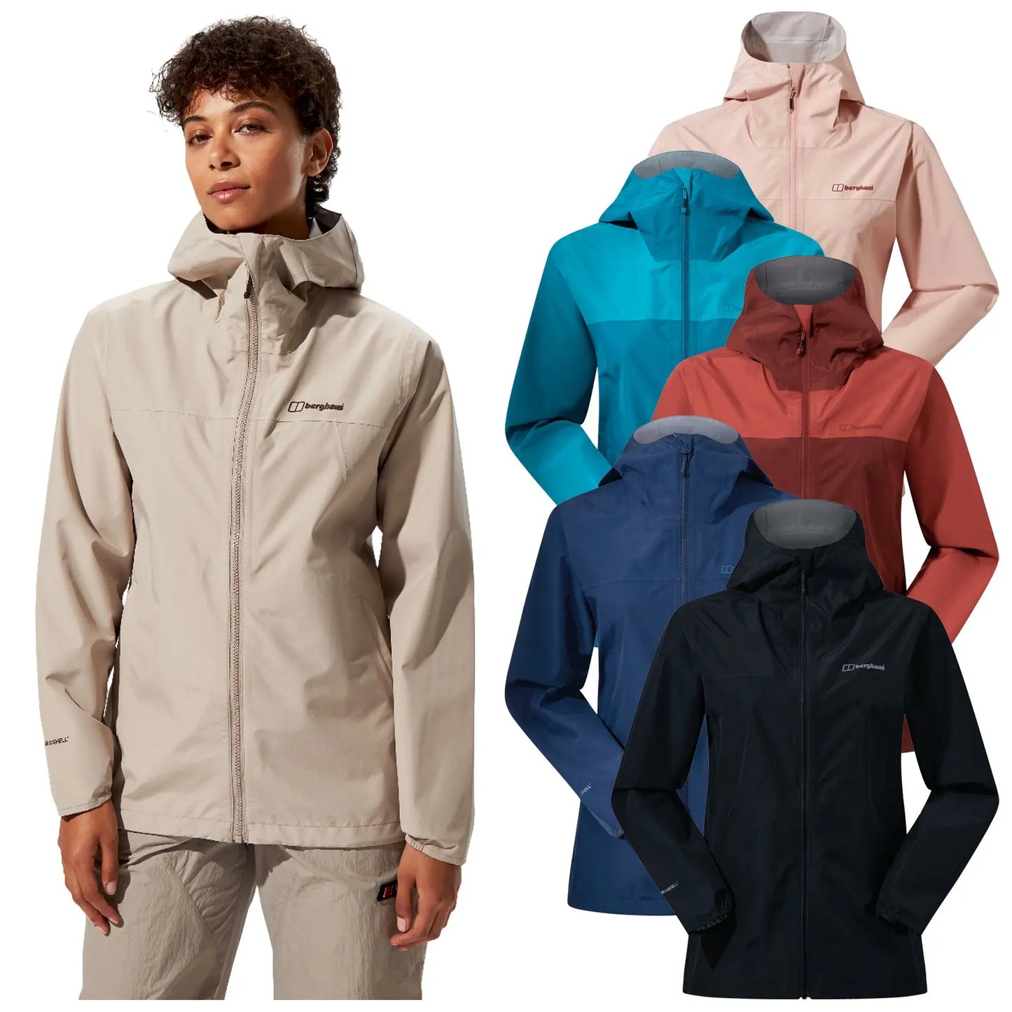 A woman models a light beige jacket with a hood showcasing a relaxed expression The background features five additional jackets in various colors arranged behind her