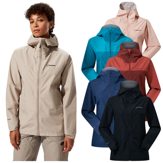 A woman models a light beige jacket with a hood showcasing a relaxed expression The background features five additional jackets in various colors arranged behind her