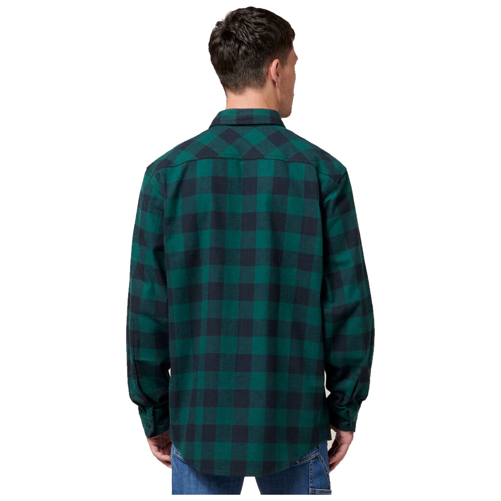 A person is wearing a green and black checkered flannel shirt facing away with their back visible in a neutral background. The shirt has long sleeves and a buttoned collar.