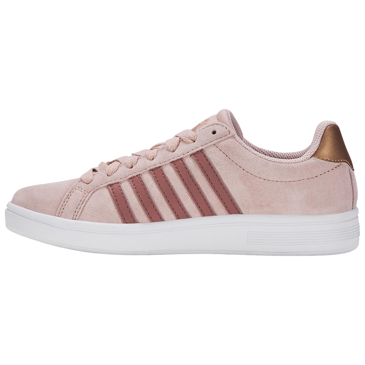 A light pink sneaker made of suede features three darker pink stripes on the side and a metallic gold heel cap set against a neutral background.