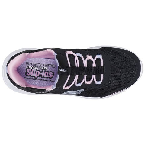 A black sneaker with a mesh upper features a slip-on design and elastic laces. Inside, a cushioned pink insole boasts the text "SKECHERS HANDS FREE Slip-ins" and notes memory foam.