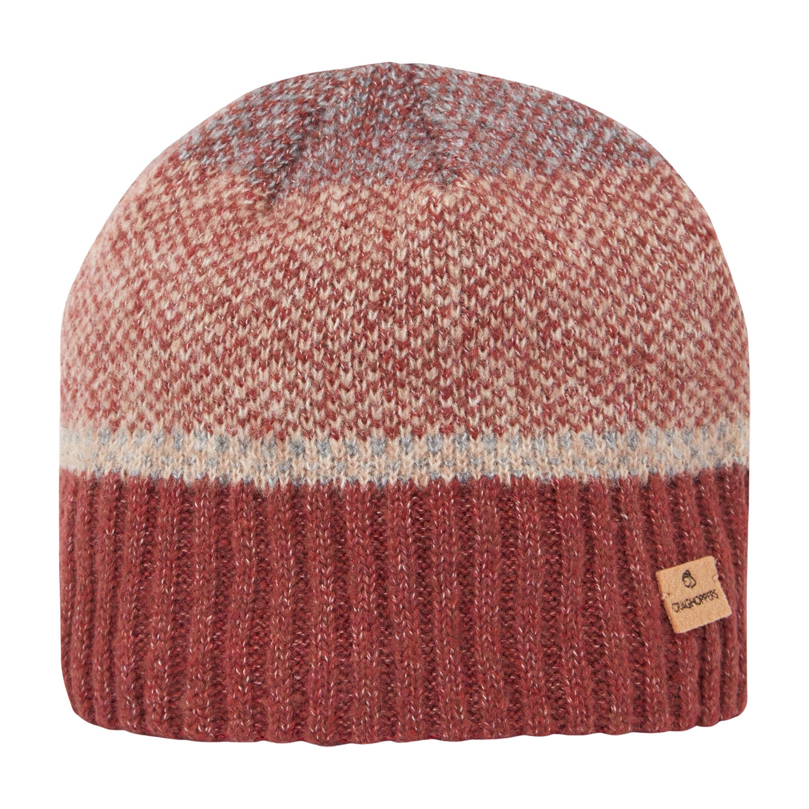 A knitted beanie displays a blend of earthy colors with a striped pattern and a ribbed bottom. It features a small logo tag stitched on the side.