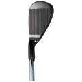 A golf club head is displayed upright showcasing its smooth black surface with vertical grooves and a red line. It is designed for striking a golf ball on the course.
