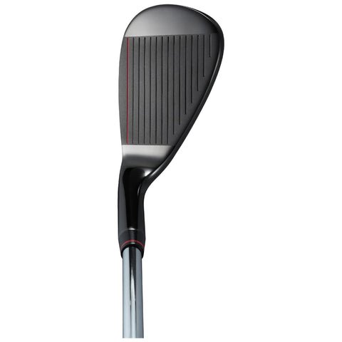 A golf club head is displayed upright showcasing its smooth black surface with vertical grooves and a red line. It is designed for striking a golf ball on the course.