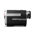 A digital rangefinder is positioned sideways showcasing its sleek black body with silver accents buttons labeled OFF ON and SLOPE indicating functionality designed for precise distance measurement features.