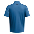 A blue polo shirt is displayed from the back showing a smooth fabric texture and a small logo near the collar emphasizing a sporty style suitable for casual or athletic settings.
