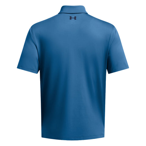 A blue polo shirt is displayed from the back showing a smooth fabric texture and a small logo near the collar emphasizing a sporty style suitable for casual or athletic settings.