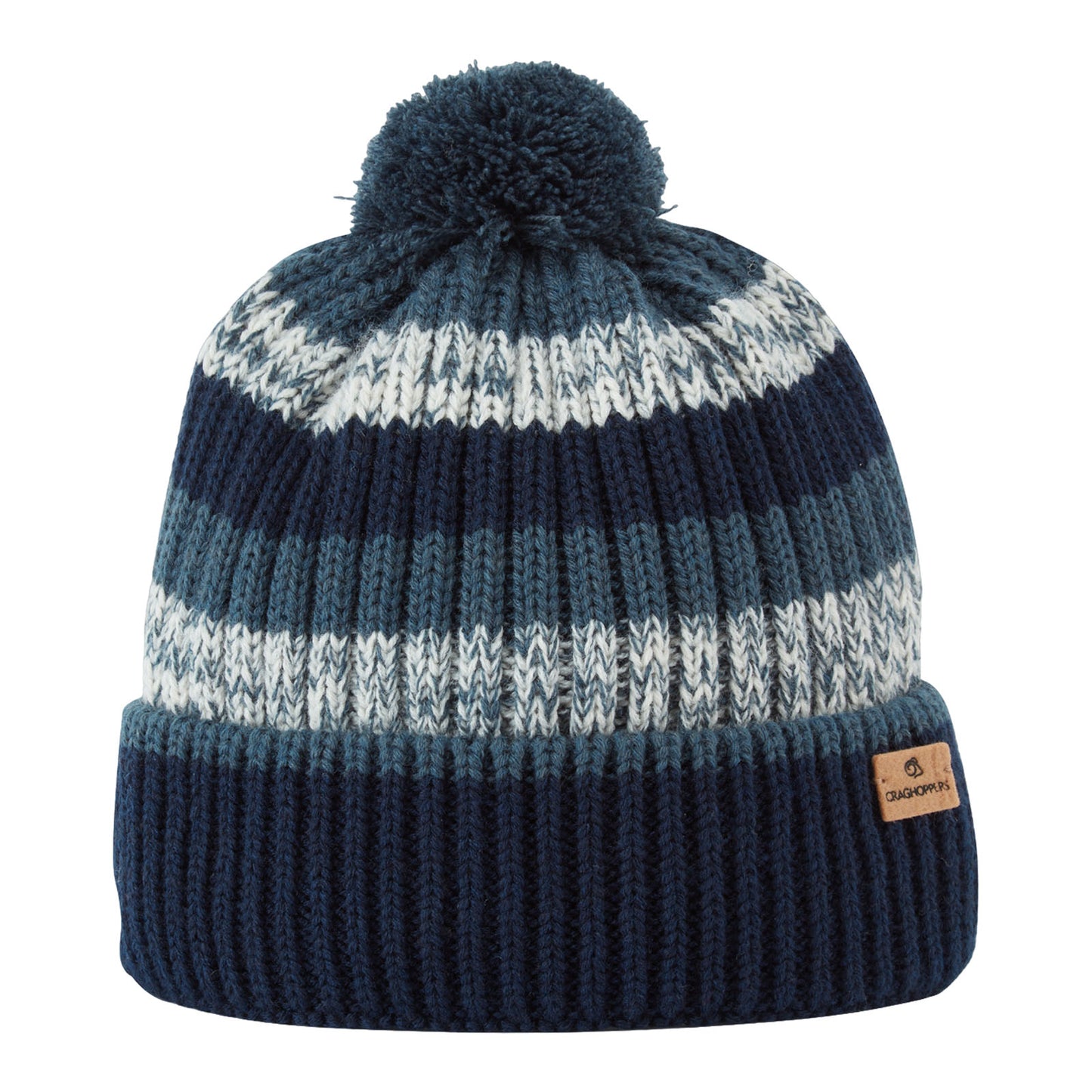 A knitted beanie with a pompom on top features alternating stripes of navy blue light blue and white its folded brim displays a small leather tag with the brand name