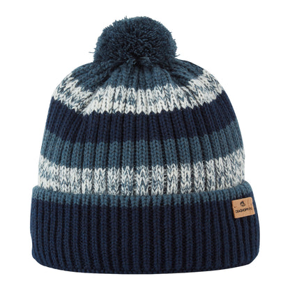 A knitted beanie with a pompom on top features alternating stripes of navy blue light blue and white its folded brim displays a small leather tag with the brand name