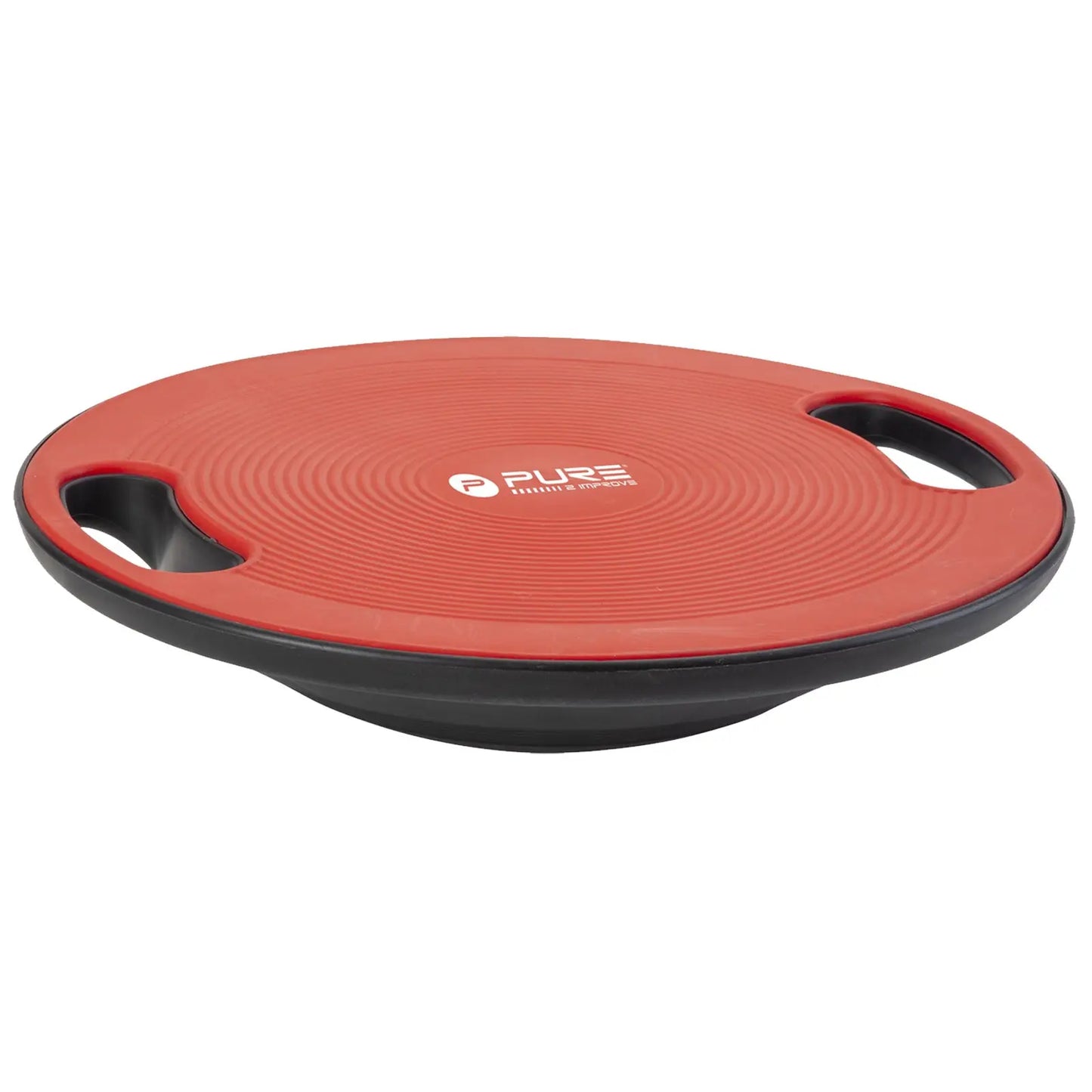 A red and black balance board designed for fitness is positioned horizontally with curved edges and grip handles on each side, ready for use in a home or gym setting.