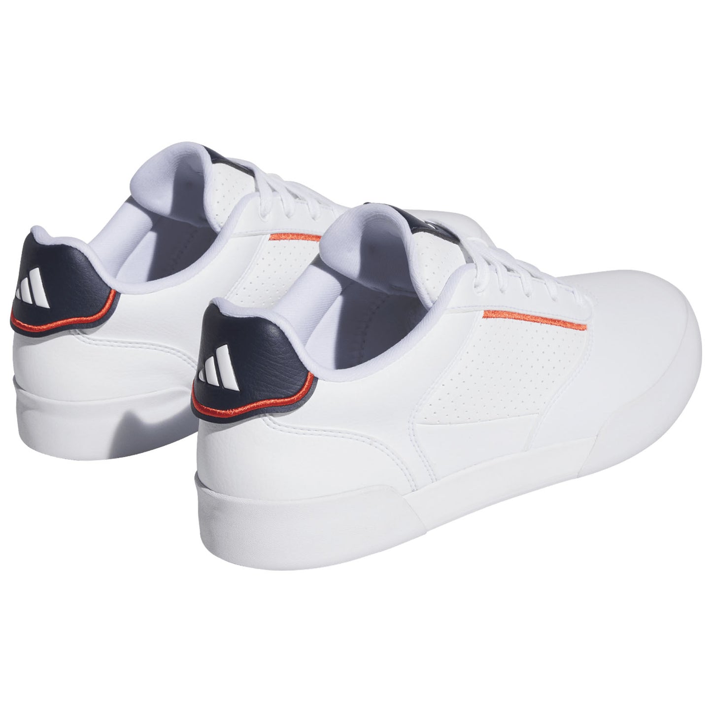 White athletic shoes with a smooth surface and perforated detailing feature a blue and orange accent on the heel and are shown positioned together on a plain background