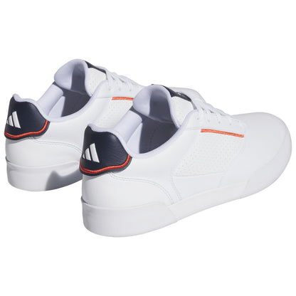 White athletic shoes with a smooth surface and perforated detailing feature a blue and orange accent on the heel and are shown positioned together on a plain background