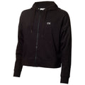 A black zip-up hoodie with a logo on the chest is displayed prominently. It features a hood and two front pockets, designed for casual wear in a relaxed setting.