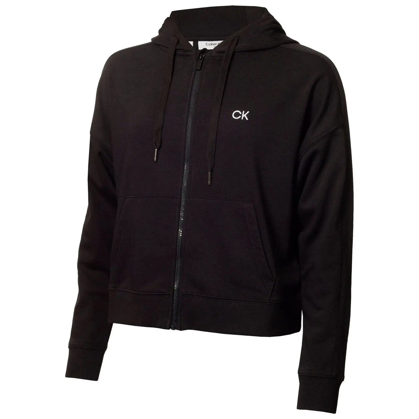 A black zip-up hoodie with a logo on the chest is displayed prominently. It features a hood and two front pockets, designed for casual wear in a relaxed setting.