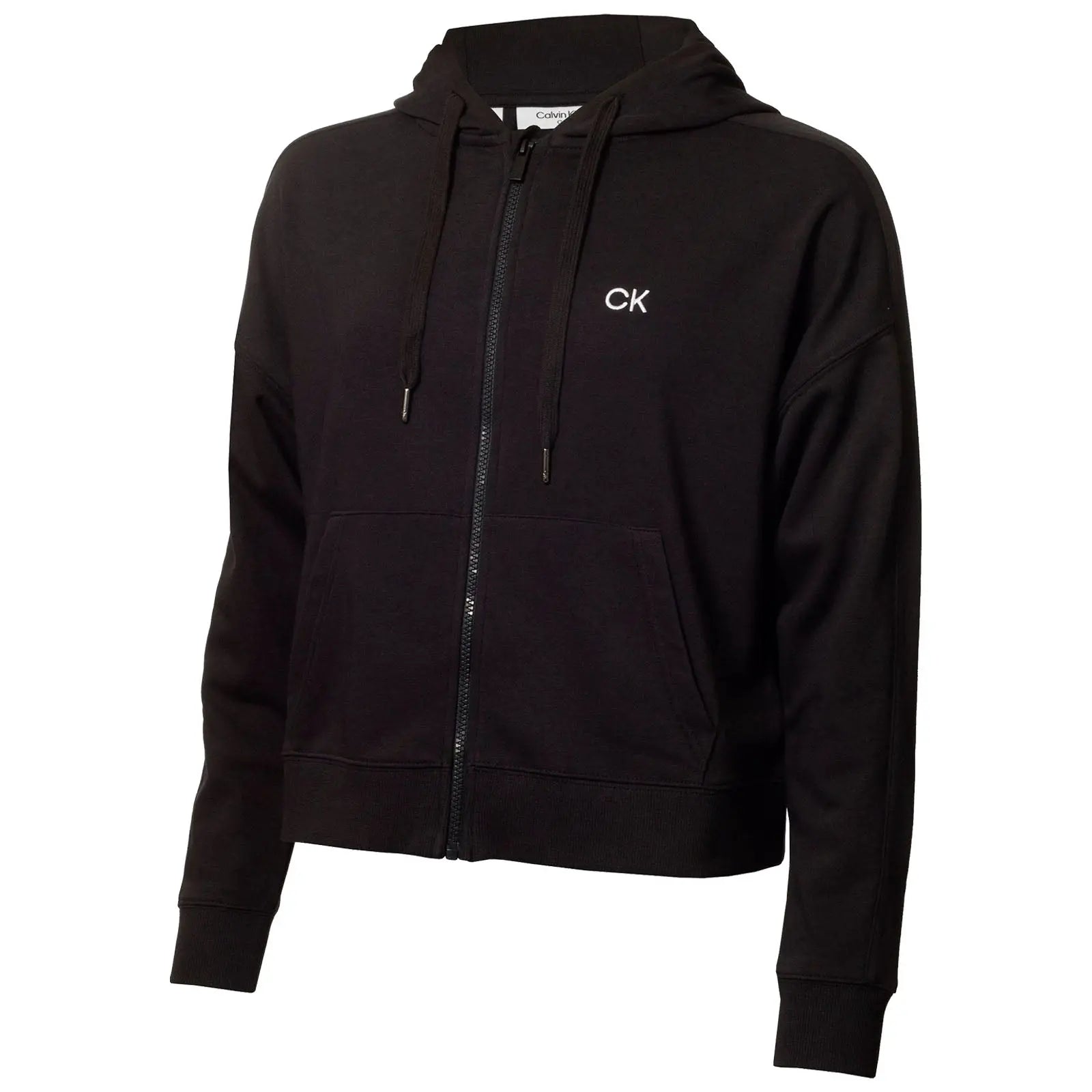 A black zip-up hoodie with a logo on the chest is displayed prominently. It features a hood and two front pockets, designed for casual wear in a relaxed setting.