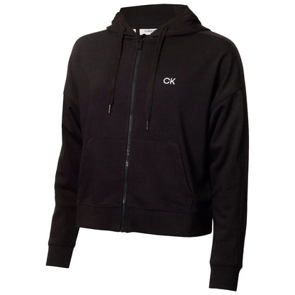 A black zip-up hoodie with a logo on the chest is displayed prominently. It features a hood and two front pockets, designed for casual wear in a relaxed setting.